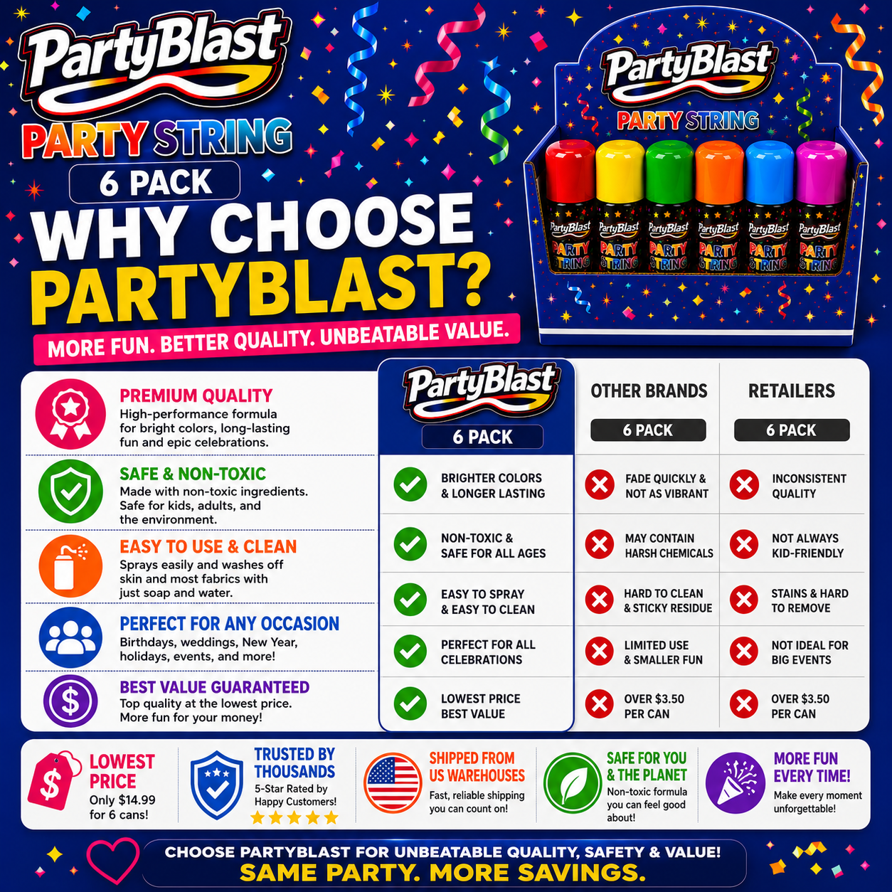 PartyBlast Non-Flammable Party String Spray – 6 Pack (3oz cans)