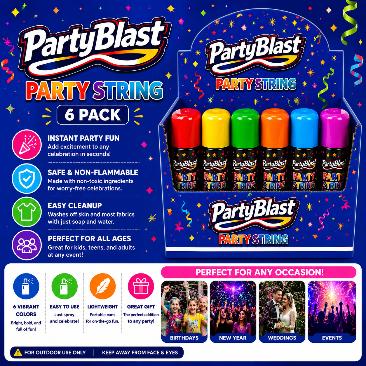 PartyBlast Non-Flammable Party String Spray – 6 Pack (3oz cans)
