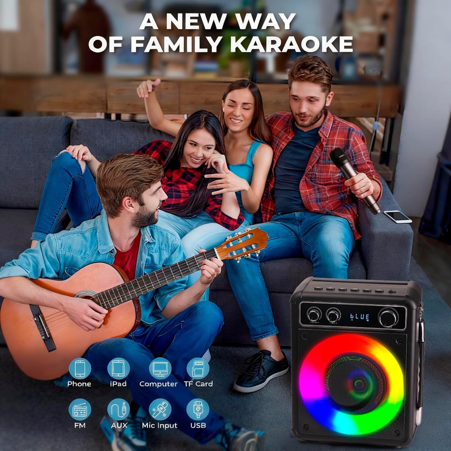 PartyBlast Karaoke Machine with 2 Wireless Microphones, Portable Bluetooth Speaker for Adults Kids, PA Systems Support TWS Echo Adjust TF USB AUX for Home Party Outdoor Travel