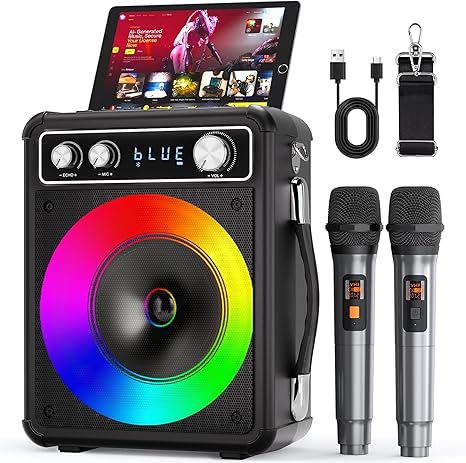PartyBlast Karaoke Machine with 2 Wireless Microphones, Portable Bluetooth Speaker for Adults Kids, PA Systems Support TWS Echo Adjust TF USB AUX for Home Party Outdoor Travel