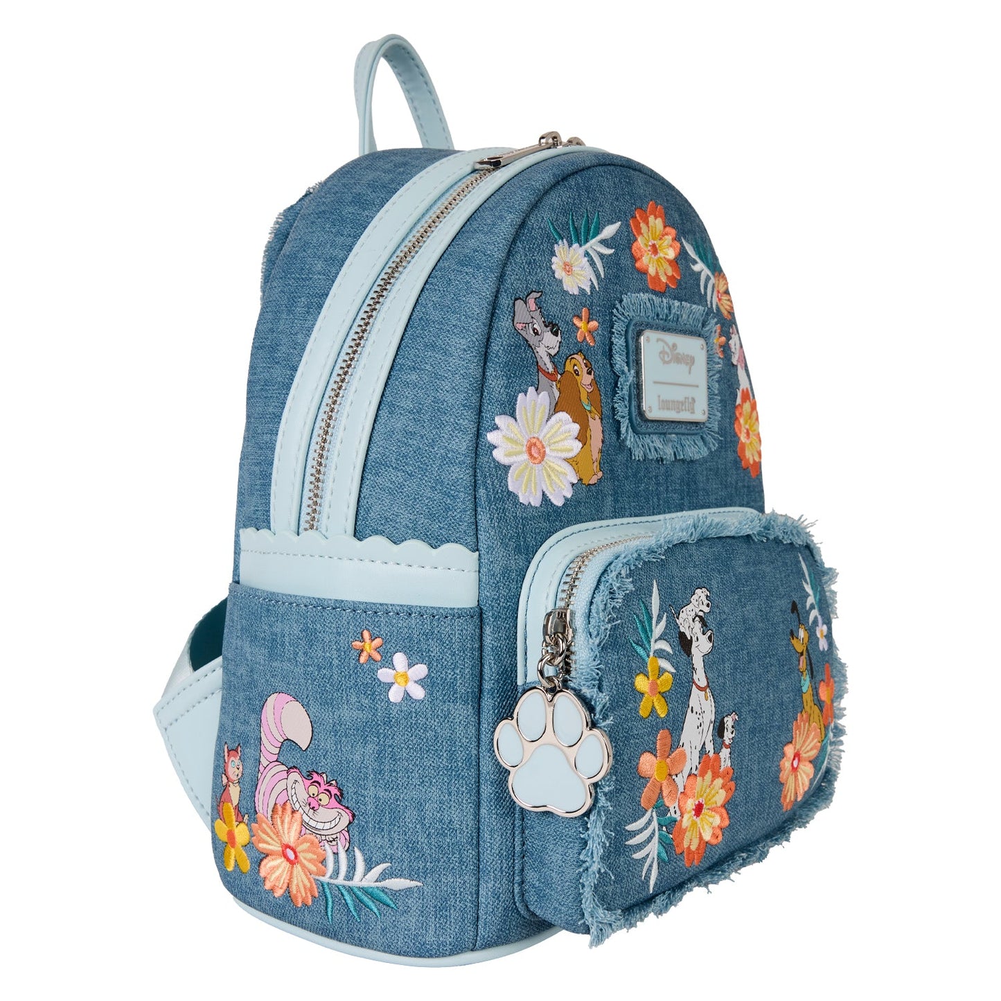 Loungefly Disney Dogs & Cats Floral Faux Denim Fringe Mini Backpack