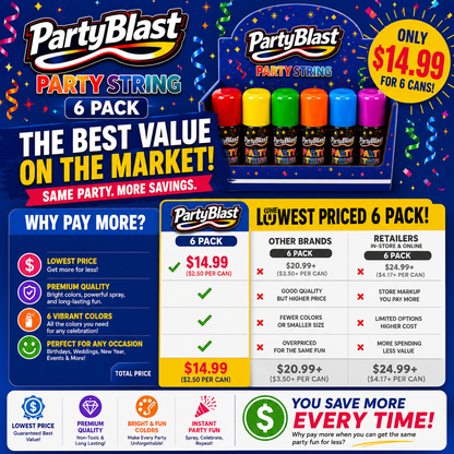 PartyBlast Non-Flammable Party String Spray – 6 Pack (3oz cans)